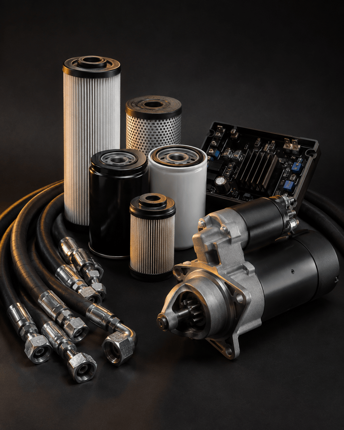 Hero: hydraulic hoses, filters & engine parts composition